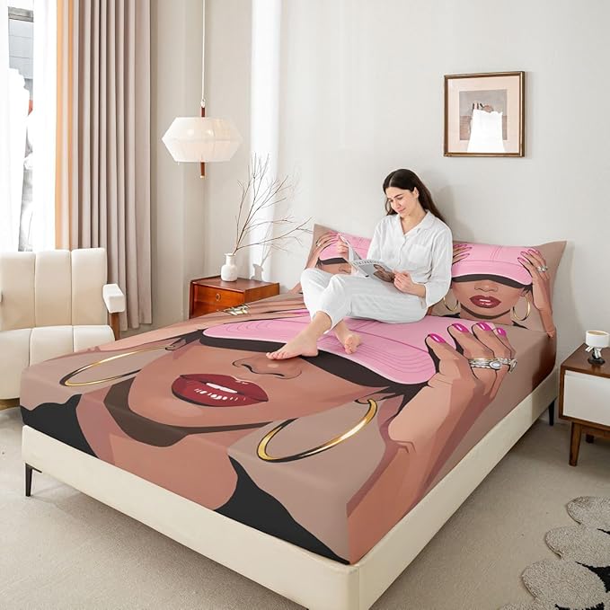 Erosebridal Black Girls Full Size Bed Sheets Fashion Black Woman Fitted Sheet for Girls Kids Vogue Fashionable Gorgeous Bedding Set for Teens Children Women African Princess Magical Sheets