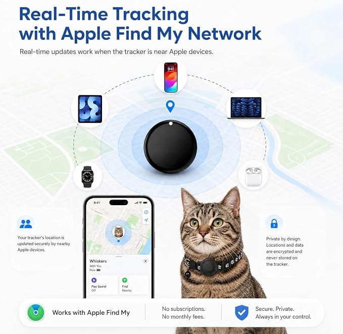 Pet Tracker,GPS Collar for Cats (iOS Only) Smart tag,Waterproof Compatible with Apple Find My,No Monthly Fee,Advanced Tracking Solution Smart Collar for Pet Safety Ideal Small Large Cats