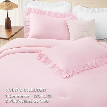 Andency Super King Ruffle Comforter Set, 3 Pieces Cute Shabby Chic Farmhouse Bedding Set, Soft Lightweight Oversized King Comforter Set 120x120 for Girls Women (1 Comforter 2 Pillowcases), Pink