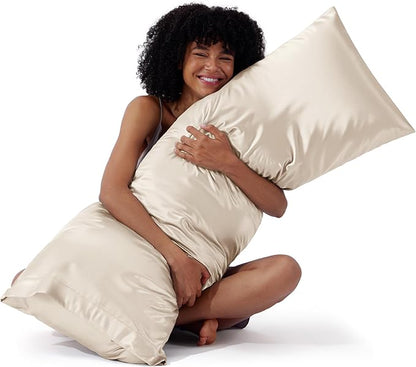 Bedsure Body Pillow Cover 20x54 Inches - Beige Satin Similar to Silk Pillowcase for Hair and Skin, Cooling and Silky Long Body Pillow Pillowcase with Envelope Closure, Gifts for Women Men