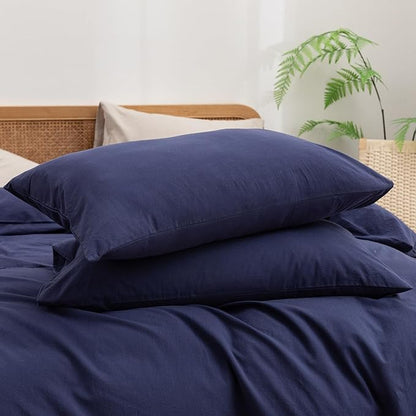 BESTOUCH Duvet Cover Set 100% Washed Cotton Linen Feel Super Soft Comfortable Chic Lightweight 3 PCs Home Bedding Set Solid Navy Blue Super King