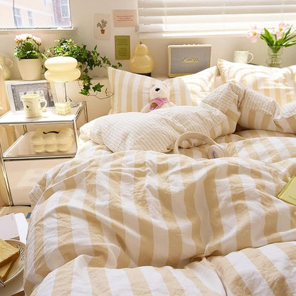 EAVD Beige Striped Duvet Cover Queen Soft Washed Microfiber Striped Reversible Bedding Set with 2 Pillowcases Modern Farmhouse Geometric Pattern Duvet Cover with Zipper Closure