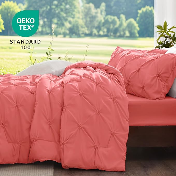 BEDELITE Coral King Size Comforter Set - 3 Pieces Boho Pintuck Bedding Comforter Sets, Lightweight Soft & Warm King Bedding Set with 2 Pillowcases for All Season