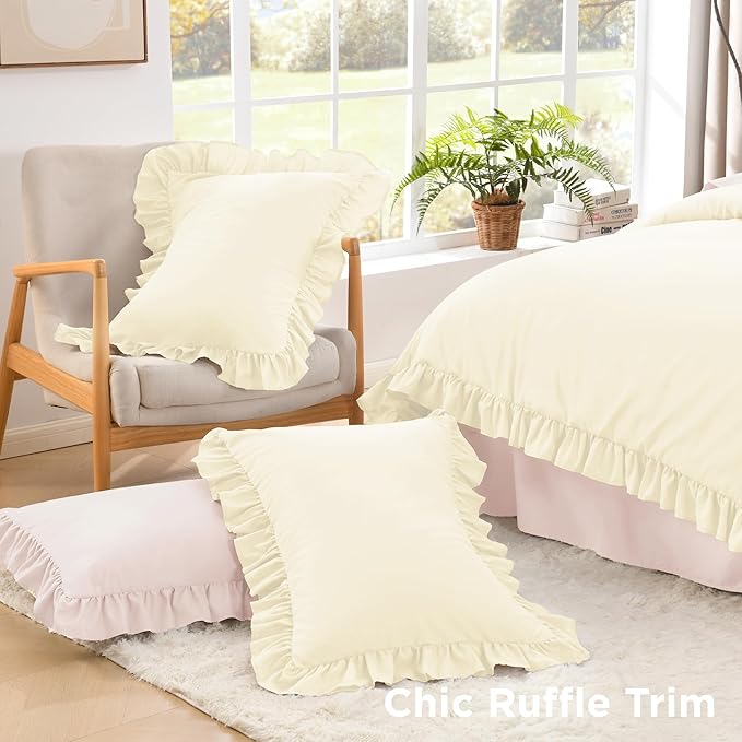 Litanika Cream King Size Comforter Set, 3 Pieces Ruffle Farmhouse Aesthetic Bedding Comforter Set, All Season Soft Lightweight Fluffy Microfiber Bed Set(104x90In Comforter, 2 Pillowcases)
