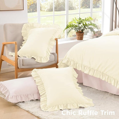 Litanika Cream King Size Comforter Set, 3 Pieces Ruffle Farmhouse Aesthetic Bedding Comforter Set, All Season Soft Lightweight Fluffy Microfiber Bed Set(104x90In Comforter, 2 Pillowcases)