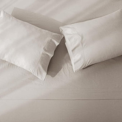 JIYUAN Full Size Sheet Set, 4-Piece - 100% Washed Cotton, Linen-Like Soft & Breathable, Includes Deep Pocket Fitted & Flat Sheet with 2 Pillowcases, Hotel Quality, Heathered Cream Grey