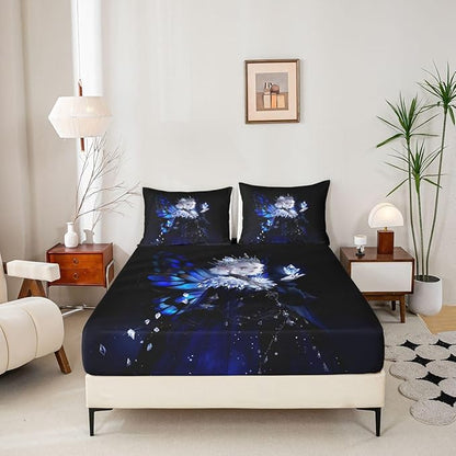 Erosebridal Gothic Girls Fitted Sheet for Boys Girls Kids A Girl Wearing A Crown Full Bed Sheets,Butterfly Diamond Feather Print Sheets Coquette Princess Bedding Sets, No Top Sheet