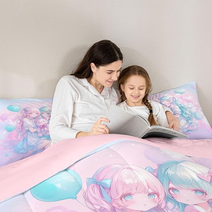 Erosebridal Anime Girl Kids Bedding | Girly Friendship Full Comforter Sets,Fantasy Dreamy Girls Comforter Romance Ballons Duvet Insert with 2 Pillow Cases