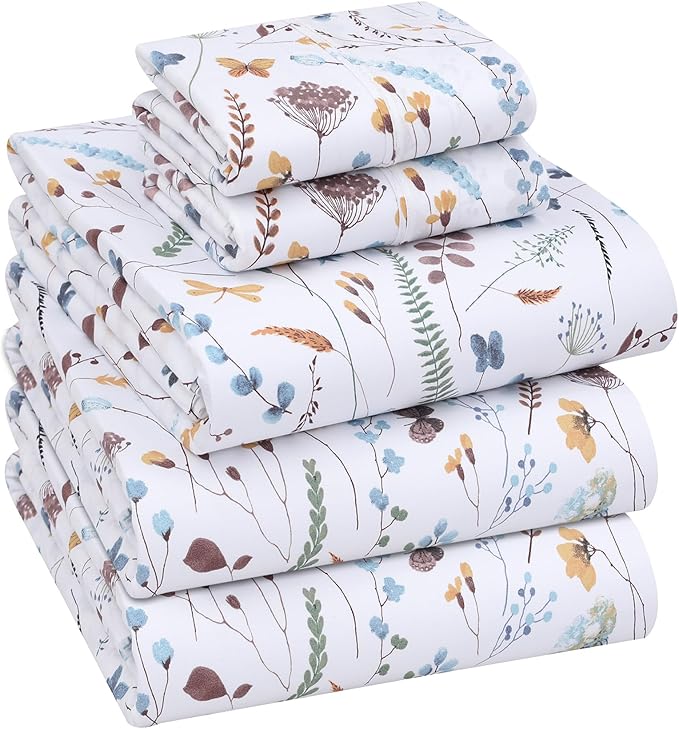 RUVANTI 100% Cotton Sheets – Split King Size Percale Bedding, Cooling & Breathable Floral Design, Durable with a Crisp, Soft & Comfortable Feel, 16" Deep Pocket, 5-Piece Set, Fern Class