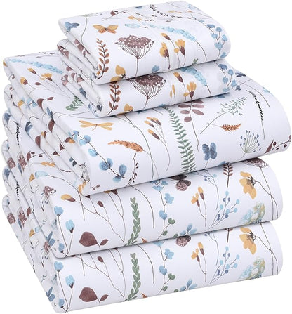 RUVANTI 100% Cotton Sheets – Split King Size Percale Bedding, Cooling & Breathable Floral Design, Durable with a Crisp, Soft & Comfortable Feel, 16" Deep Pocket, 5-Piece Set, Fern Class