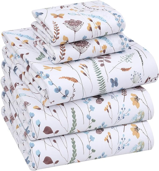 RUVANTI 100% Cotton Sheets – Split King Size Percale Bedding, Cooling & Breathable Floral Design, Durable with a Crisp, Soft & Comfortable Feel, 16" Deep Pocket, 5-Piece Set, Fern Class