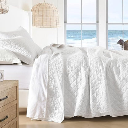 SahSahCasa Quilt Set King Size, 100% Cotton Quilt Bedding Set Bedspread, Diamond Pattern Stitching Solid Color Chic Lightweight Quilted Comforter for King Bed, White, All Season, 3 Pieces