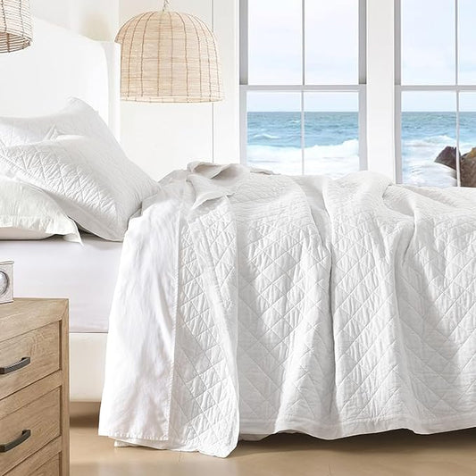 SahSahCasa Quilt Set King Size, 100% Cotton Quilt Bedding Set Bedspread, Diamond Pattern Stitching Solid Color Chic Lightweight Quilted Comforter for King Bed, White, All Season, 3 Pieces