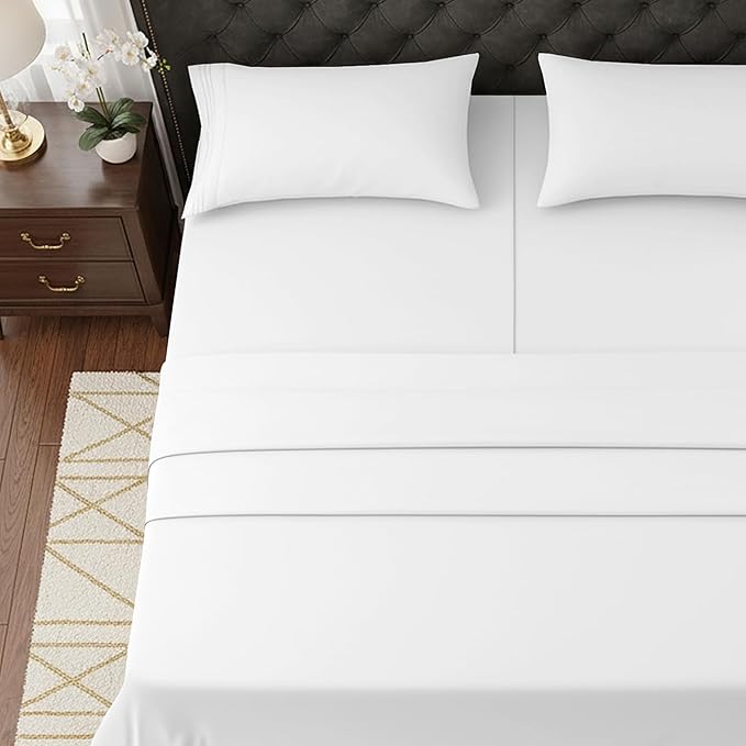Elegant Comfort Luxurious 1500 Premium Hotel Quality Microfiber Three Line Embroidered Softest 5-Piece Bed Sheet Set, Wrinkle and Fade Resistant, Split King, White