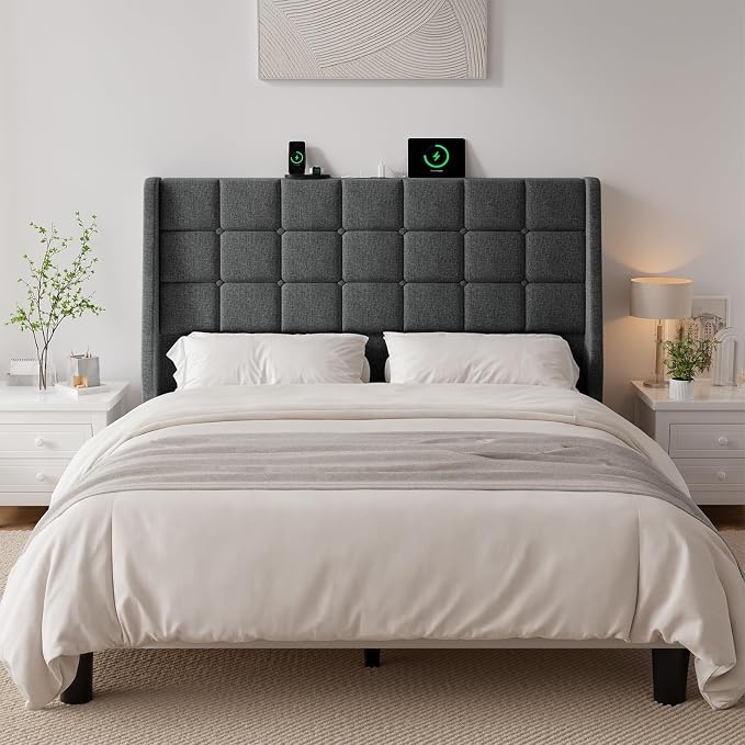 Ergonomic Upholstered Headboard Queen Size w/Charging Station, Linen Wingback Headboards w/Storage Pocket, Queen Headboard Only, Bed Frame Adapters, Sturdy Stable Solid Wood Bed Head Board, Dark Grey