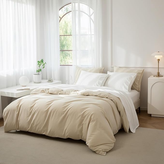 JIYUAN Full Size Sheet Set, 4-Piece - 100% Washed Cotton, Linen-Like Soft & Breathable, Includes Deep Pocket Fitted & Flat Sheet with 2 Pillowcases, Hotel Quality, Solid Off White