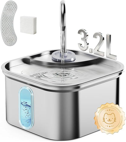 Cat Water Fountain Stainless Steel, 108oz/3.2L with 1 Filter | Auto Shut Off, Quiet Pump, Water Level Indicator, Dry-Run Protection, Large Square Pet Water Dispenser for Cats and Dogs