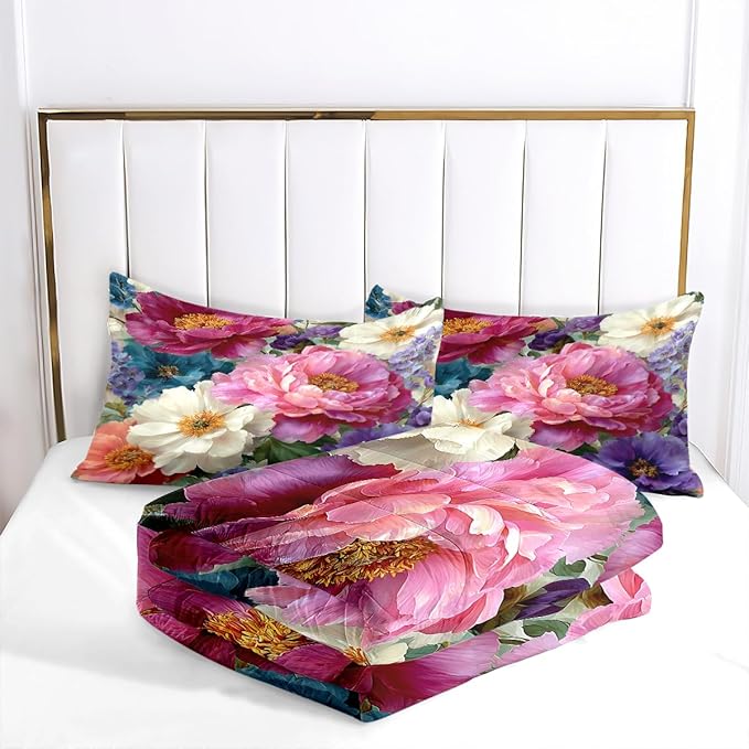 Women Vintage Botanical Floral Comforter Set, Twin Size 2-Piece Colorful Peony Comforter Sets for Girls Room Decor, 1 Comforter 68"x 90", 1 Pillowcase, Soft Microfiber All Season