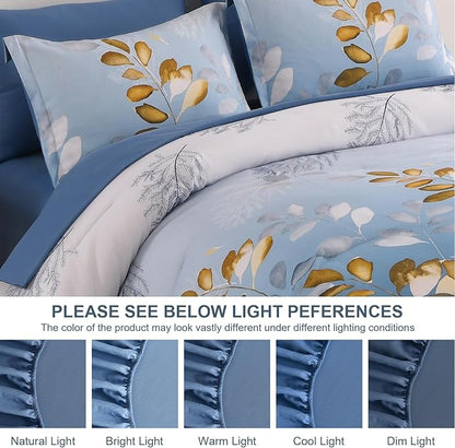 Anibedding 7 Pieces King Size Comforter Set, Blue Gold Botanical Gradient Leaves Ultra Soft Microfiber Down Alternative Bedding Set with Sheets and Pillowcase for All Season
