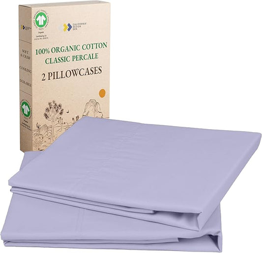 California Design Den 100% Organic Cotton Standard/Queen Size Pillow Cases Set of 2 - Soft & Crisp Percale Pillow Cases, Fits Standard & Queen Pillows - Lavender Mist