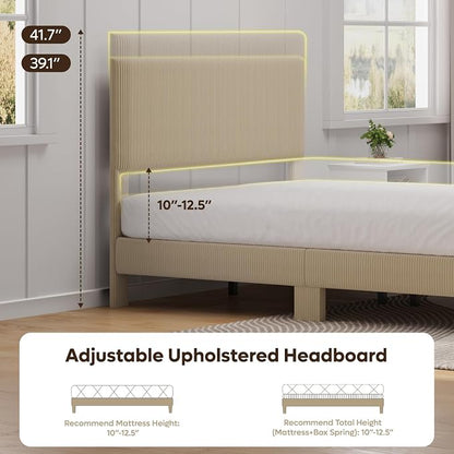 Bestier Full Size Bed Frame with Adjustable Headboard,LED Light,Taupe | Wood Slats Support,Easy Assembly,LED Lighting Headboard,No Squeaks,Vertical Channel Corduroy Upholstered,No Box Spring Needed