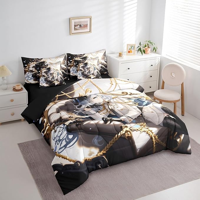 Erosebridal Anime Girl Full 7 Piece Bedding Set for Kids, Kawaii Japanese Anime Bed in A Bag Cartoon Girl Comforter Set with Sheets for Girls Boys Teens Men Room, Japanese Animation Bed Sets