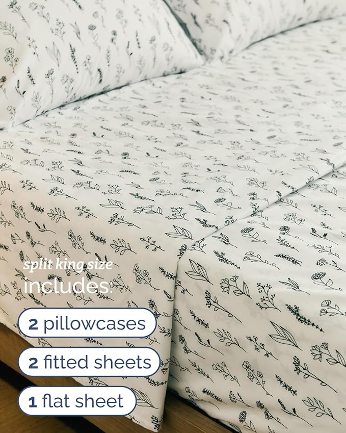 Floral Sheets - Black & White Floral Bed Sheet Set - 1 Flat, 2 Fitted & 2 Pillowcases w/ Deep Pockets - Wrinkle & Fade Free - Boho Botanical Bedding - Soft, Breathable & Cooling - Split King Size Set