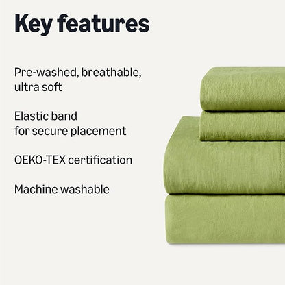 Amazon Basics Full Bed Sheet, 4-Piece Bedding Set, Double Brushed Microfiber, Ultra Soft, Easy Care, Green