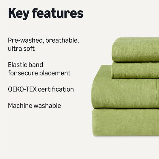 Amazon Basics Full Bed Sheet, 4-Piece Bedding Set, Double Brushed Microfiber, Ultra Soft, Easy Care, Green