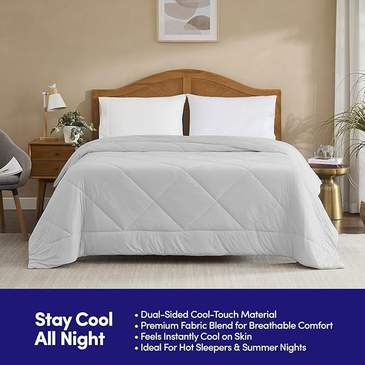 Oversized Cooling Comforter Full/Queen – Reversible Diamond-Quilted Comforter Shell with Elegant Trim – Lightweight Breathable Bed Blanket for Hot Sleepers, Night Sweats & All-Season Comfort, Silver