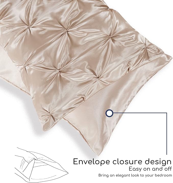 MR&HM Satin Comforter Queen 7 Pieces - Luxurious Pinch Pleat Bedding Set with Comforter, Flat Sheet, Fitted Sheet, Pillowcases & Shams, Super Silky Soft Bed Set for All Season (Queen, Champagne)