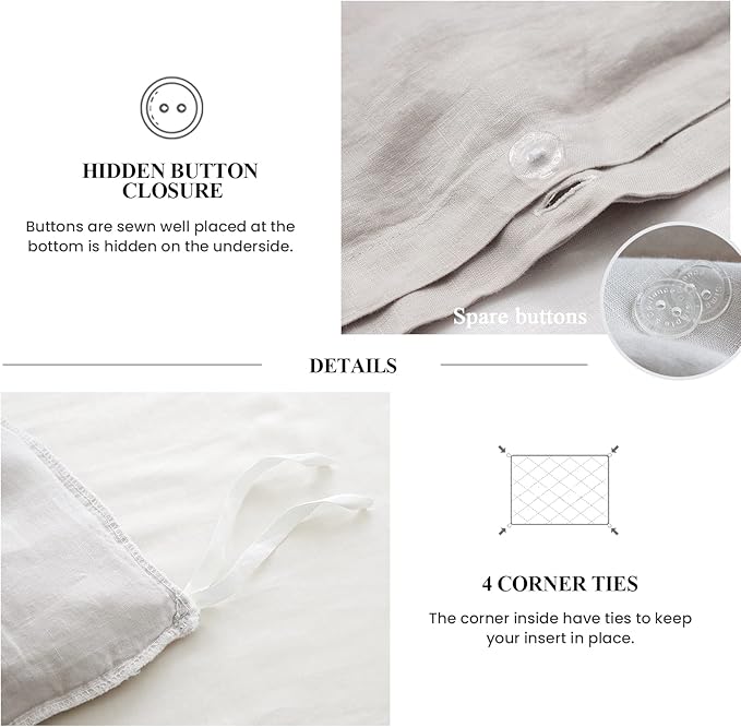 Simple&Opulence 100% Linen Duvet Cover Set (88"x92") Floral Flax Queen Size, Shabby Chic Ruffle Edge Lace Insert Decoration, 3 Pcs Farmhouse Bedding-1 Comforter Cover 1 Pillow Shams, Floral Grey