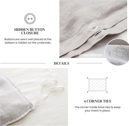 Simple&Opulence 100% Linen Duvet Cover Set (88"x92") Floral Flax Queen Size, Shabby Chic Ruffle Edge Lace Insert Decoration, 3 Pcs Farmhouse Bedding-1 Comforter Cover 1 Pillow Shams, Floral Grey