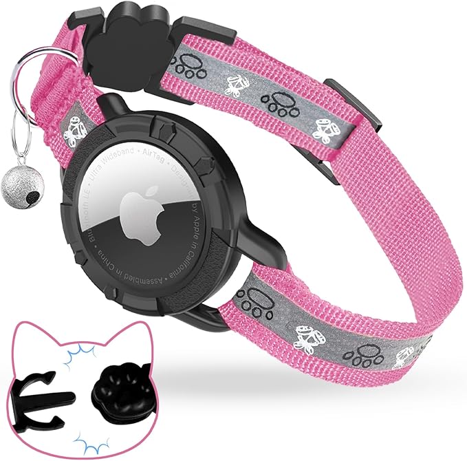 Breakaway AirTag Cat Collar, Reflective Cat Tracker Collar with Bell | Built in AirTag Holder, Adjustable 8.5-12in for Cats, Kittens and Puppies, Safety Elastic Band, Reflective for Night Walking