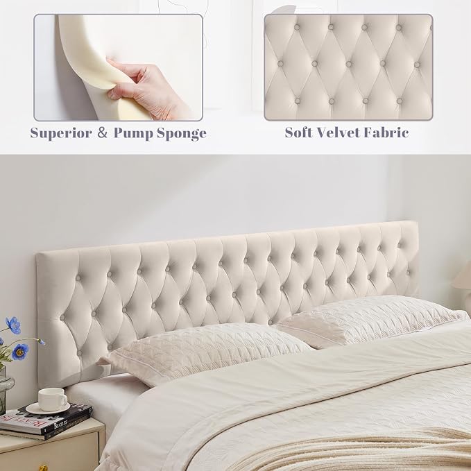Tufted Upholstered Twin Size Velvet Headboard in Modern Button Design, Adjustable Solid Wood Head Board, Premium Sponge Padded Headboards in Bedroom (Gray)