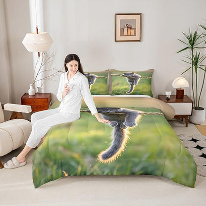 Erosebridal Kawaii Kitten Comforter Set Full Size Hemp Rope Bedding Set for Kids Girls Boys Grass Natural Sunshine Yellow Green Comforter Warm Soft Quilt Insert