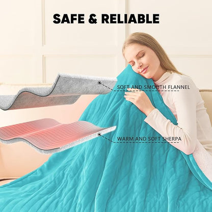 greenoak Heated Blanket Electric Throw 50"X60", Heating Blanket with 10 Heat Levels 1/2/4/6/11 Hours Auto-Off Overheat Protection, Flannel Sherpa Soft Warm Heater Blanket, ETL Certified Lake Blue