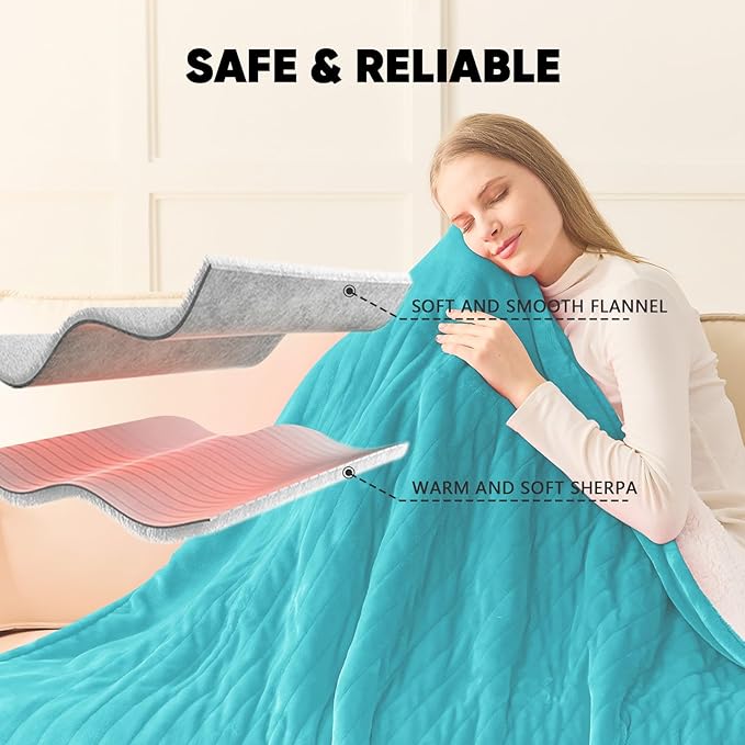 greenoak Heated Blanket Electric Full 72"X84", Heating Blanket with 10 Heat Levels 1/2/4/6/8 Hours Auto-Off, Soft Flannel Sherpa Warm Heater Christmas Blanket, Aqua Green