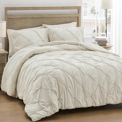UNIKOME King Size Comforter Set Beige - Ultra Soft Boho Pintuck Cream Down Alternative Bedding Set for All Seasons, 3 Pieces Lightweight Warm Pinch Pleat Bed Set with Comforter, 2 Pillowcases