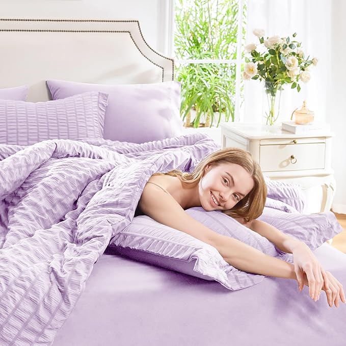 CozyLux King Size Comforter Set Light Purple Seersucker 7 Pieces Bed in a Bag King Comforter Set with Sheets, Lavender Luxury Bedding Sets with Down Alternative Comforter, Sheets, Pillowcases & Shams