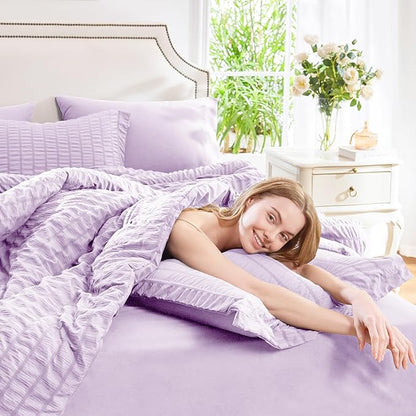 CozyLux King Size Comforter Set Light Purple Seersucker 7 Pieces Bed in a Bag King Comforter Set with Sheets, Lavender Luxury Bedding Sets with Down Alternative Comforter, Sheets, Pillowcases & Shams