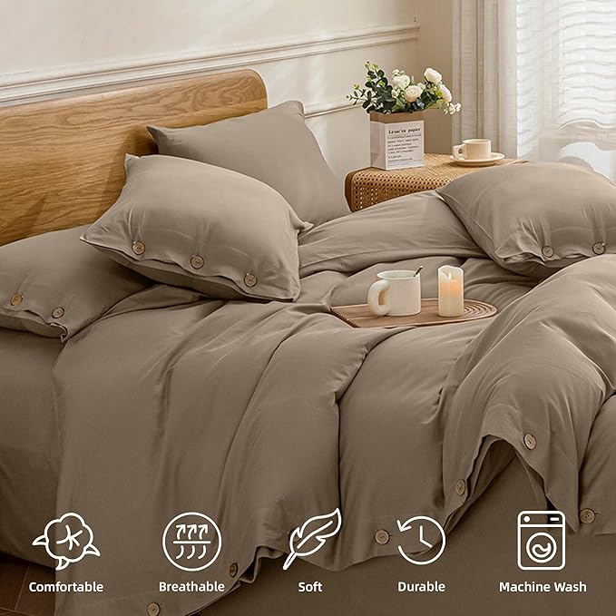 JELLYMONI Cotton Duvet Cover King Size - Khaki Comforter Cover with Button 100% Washed Cotton 3PCS Breathable Soft Solid Bedding Set Duvet Cover 104×90in & 2 Pillowcases (NO Comforter)