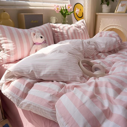 Peach Pink Striped King Size Duvet Cover Set Boho Patterned King Comforter Cover Farmhouse Aesthetic Preppy Cute Duvet Cover with Corner Ties Girls Bedding Washed Microfiber Duvet Protector