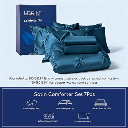MR&HM Satin Comforter Queen 7 Pieces - Luxurious Pinch Pleat Bedding Set with Comforter, Flat Sheet, Fitted Sheet, Pillowcases & Shams, Super Silky Soft Bed Set for All Season (Queen, Teal)