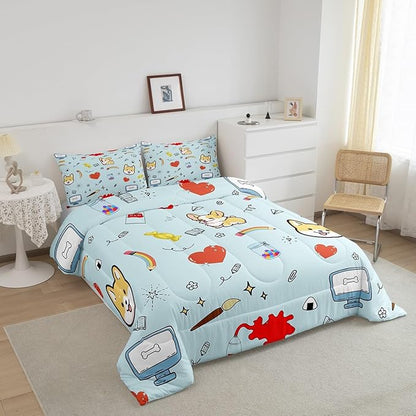 Cartoon Dog Bed Comforters Set Queen Size,Hippie Graffiti Painting Super Soft Bedding Set for Boys Girls,Kawaii Puppy Pet Theme Room Decorative Comforter Set,2 Pillowcase