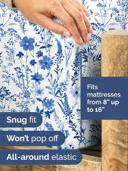 Floral Sheets - White & Blue Bed Sheet Set - 1 Flat, 1 Fitted & 1 Pillowcase w/ Deep Pockets - Comfy, Cozy, Wrinkle & Fade Free - Boho Botanical Bedding - Soft, Breathable & Cooling - Twin Size Set
