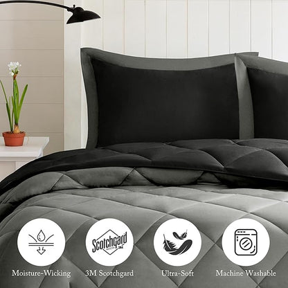 Madison Park Comforter Set, Reversible Down Alternative All Season Microfiber Bedding, 3M Scotchgard Stain Release, Twin/Twin XL Dorm Comforter, Black/Grey