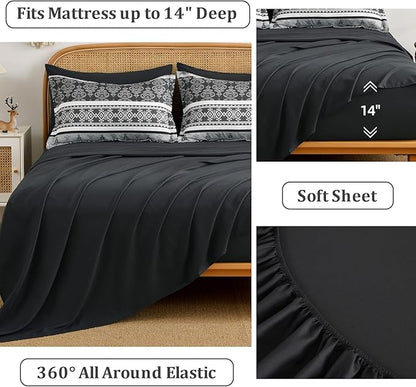 Boho Comforter Set Queen Size,7 Pieces Bohemian Comforter Bedding Set Bed in a Bag,Dark Grey Paisley Floral Comfortet and Sheet Set,Soft Gray Striped Bedding Sets for All Season