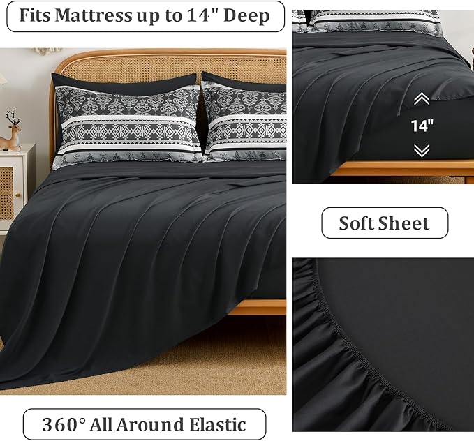 Comforter Set King Size Boho,7 Pieces Bohemian Bedding Comforter Set Striped Bed in a Bag,Dark Grey Paisley Floral Comfortet and Sheet Set,Soft Black Gray Bedding Sets for All Season
