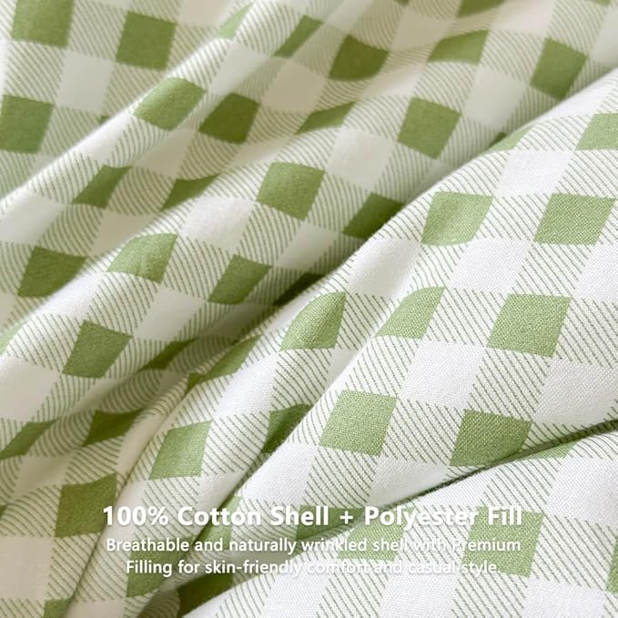 NSNLGSGC Sage Green Gingham Cotton Comforter Set King, 100% Washed Cotton Green Plaid Checked Comforter Bedding, 3 Pieces Vintage Farmhouse Grid Bedding Set(Sage Green Gingham, King)